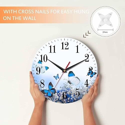 Miniatura 4 de Mxocom Reloj de pared de ramo de flores, mariposa y hortensias azules y blancas, 10 pulgadas, silencioso, sin tictac, funciona con pilas, reloj