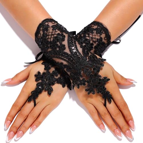GORTIN Fingerless Lace Gloves Black Bride Wedding Short Glove Sequins Opera Prom Halloween Gloves for Women (Black Free size)