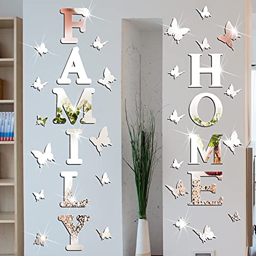 Outus 30 Pcs Family Home Letter Wall Decor Silver Sign Acrylic Mirror Wall Decor Stickers Farmhouse 3D Butterfly Decoration for Home Bedroom Living Room Housewarming