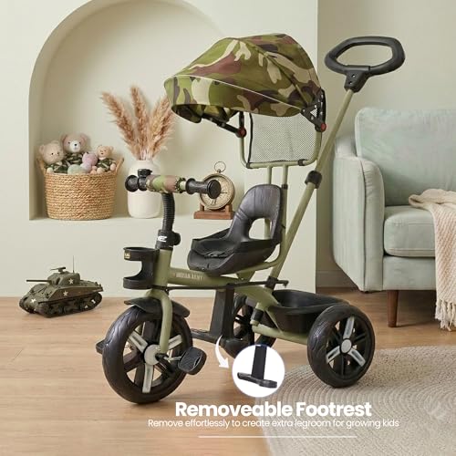 Image of Luusa Elite Pro 4-in-1 Kids Tricycle with Parent Push Handle, Adjustable Canopy, Safety Seat with Seat Belt, Storage Basket & Cup Holder | Toddler Trike for 1-4 Years Boys & Girls (Green)