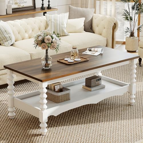 YOSHOOT 42" Farmhouse Coffee Table with Storage - Small Coffee Tables for Living Room Bedroom, 2-Tier Center Table with Solid Wood Legs and Thickened Top, White