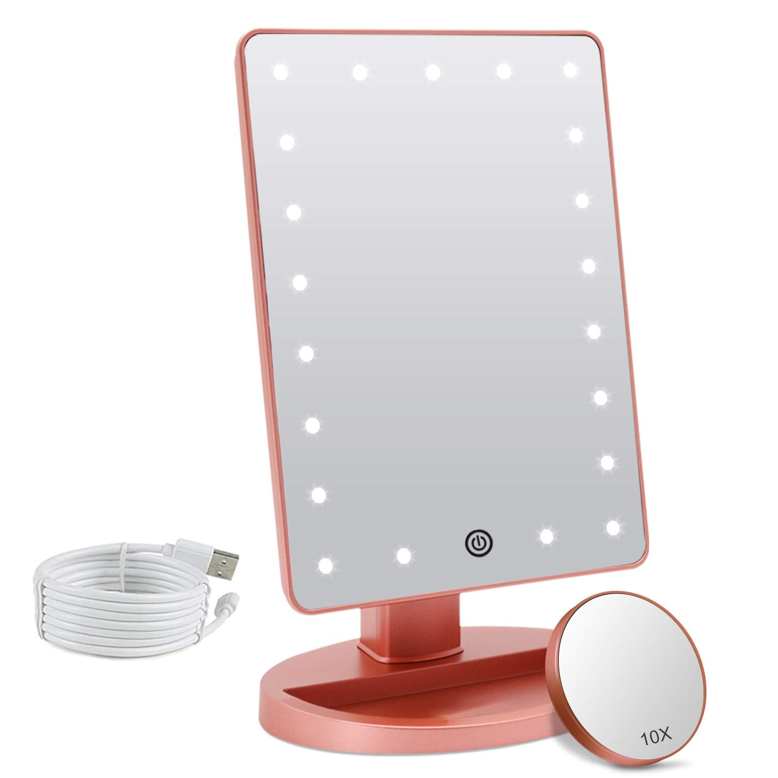 FASCINATE Espejo Maquillaje con Luz LED Aumento 1X/10X, Espejo Cosmético Iluminado de Mesa,180 Rotación, Brillo Adjustable Espejo de Tocador Portátil