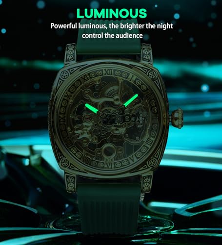Image of FORSINING Fancy Watches for Men, Square Retro Mechanical Watch Self-Wind Carved, Gear Movement Golden Skeleton Automatic Watches Vintage Leather Strap Wrist Watch