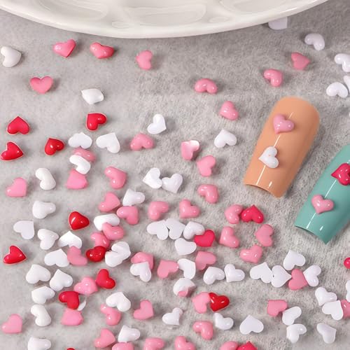 600pcs Pink Heart Valentines Nail Charms Flat Back Mini Heart Nails Rhinestone Hearts Resin Flatback Nails Gems White Hearts Nails Diamonds Kawaii Crafts Acrylic Nails Rhinestone Diamonds for Women
