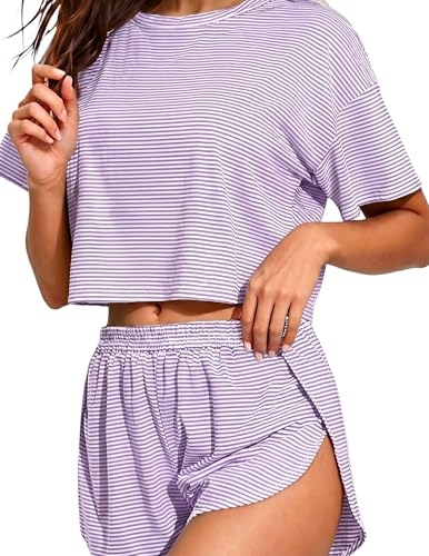 Image of Split Short Pajama Set Women's Striped Pjs with Sleeve Tee & Elastic Waist | Split-Leg Shorts Design, Soft Striped 2-Piece Lounge Set, Breathable Comfy, Travel, or Cozy Days At Home, Summer Vibes