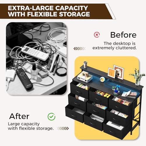 Image of NEWBULIG Wooden Top Media Console for 32-52 inch Dresser TV Stand with 9 Fabric Drawers & Open Shelves, Entertainment Center with LED Lights & Charging Station for Bedroom, Black