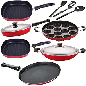 NIRLON Non Stick Coated Aluminium Cookware Utensil Combo Set Offer, 9 - Piece -FT13_AP12_AC_GP22.5_GP24_FP12_3SPN