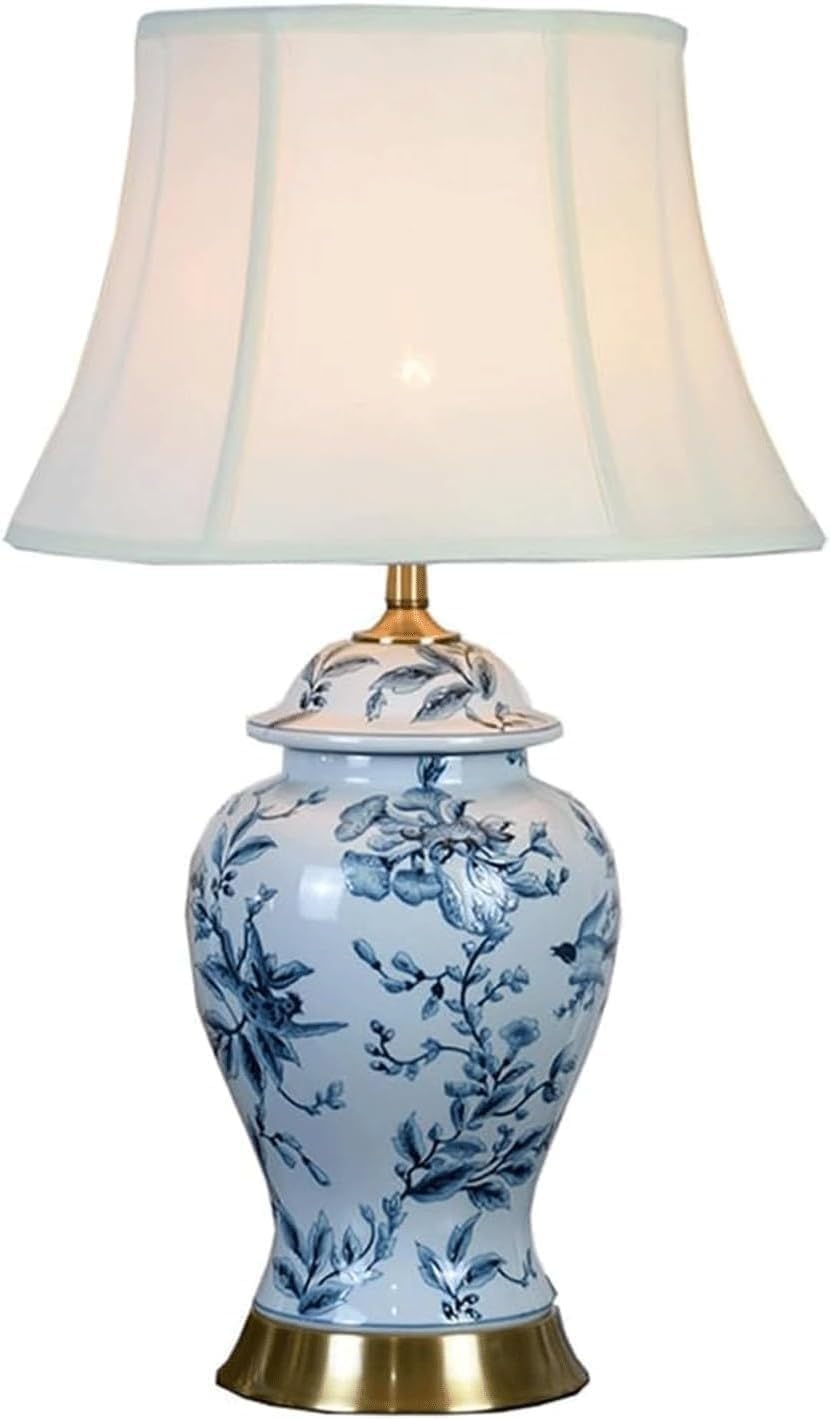 DFAEEKIYO Traditional Bedside Lamps Ceramic Desk Lamp Handpainted for Bedroom Fabric Lampshade Reading Light Retro