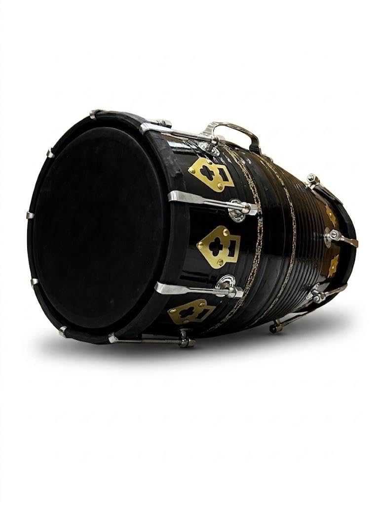 professional dholak traditional indian percussion drum, black with gold and silver hardware with beg and belt or tuning key spl. bhajan kirtan and satsang