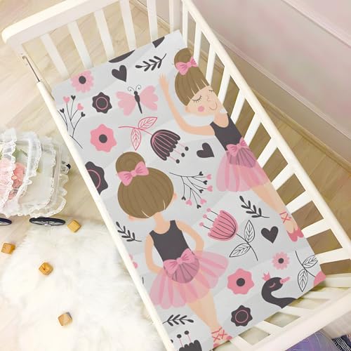 Image of Cute Ballerina Girl Crib Sheets Stretchy Portable Sheets for Baby Toddler Breathable Soft Crib Mattress Sheet for Girls Boys