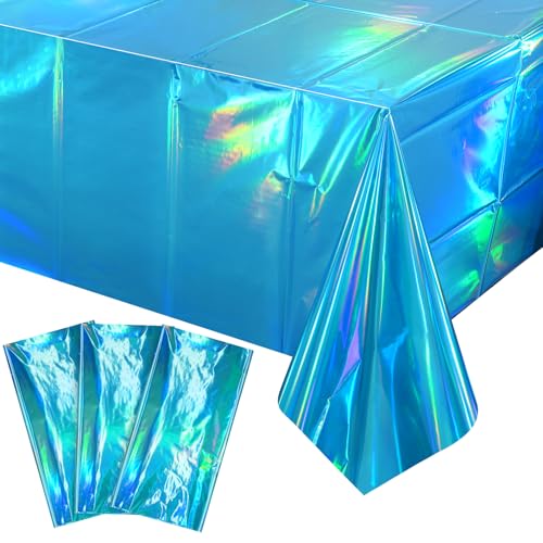 Image of 3 Pack Blue Plastic Tablecloth, Disposable Rectangle Table Covers, Holographic Metallic Foil Tablecloth Light Blue Party Supplies Decorations for Birthday Graduation Ocean Under the Sea, 54x108Inch