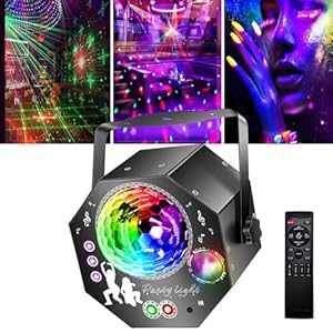 4-in-1 Discokugel mit Motor und Licht, DJ Discolicht Partylicht 64 Muster, Musikgesteuert Disco Party Lampe mit Fernbedienung, RGB UV Stroboskop für Party Bar Klub Halloween Weihnachten Geburtstag