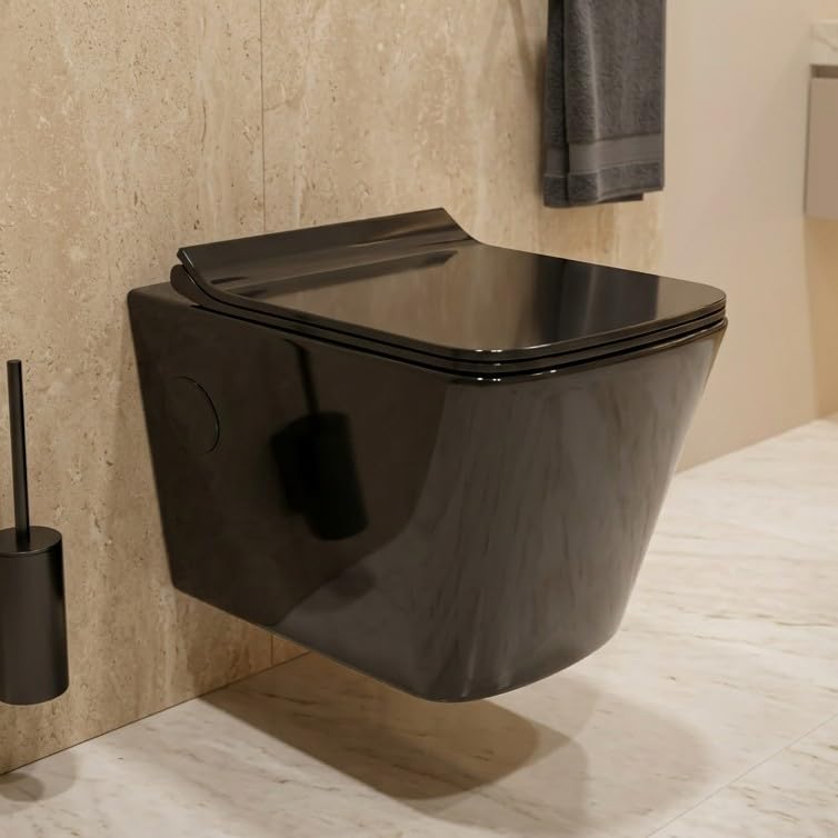 Image of B Backline Ceramic Wall Hung Rimless Western Toilet Commode /Water Closet Commode With Soft Close Toilet Seat For Bathroom - P Trap Outlet From Wall (Black Glossy) (7 Years Glaze Warrrenty)