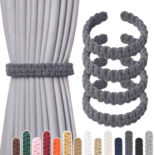 NICEEC 4 Pack Natural Cotton Rope Curtain Tiebacks Farmhouse Rustic Style Decorative Drape Tie Backs Handmade Braided Curtain Holdbacks for Home & Office Sheer/Light Weight Drapery (C-Dark Grey-L)