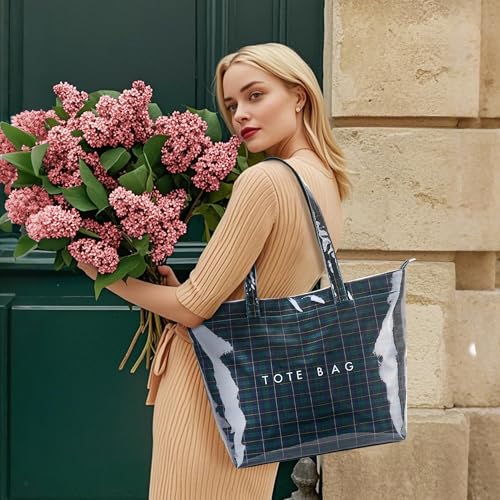 Image of KALIDI PVC Zipper Tote Bag, Jelly Kraft Paper Beach Bag Large Hobo Carry All Travel Shopping Handbag Plastic Shoulder Bag