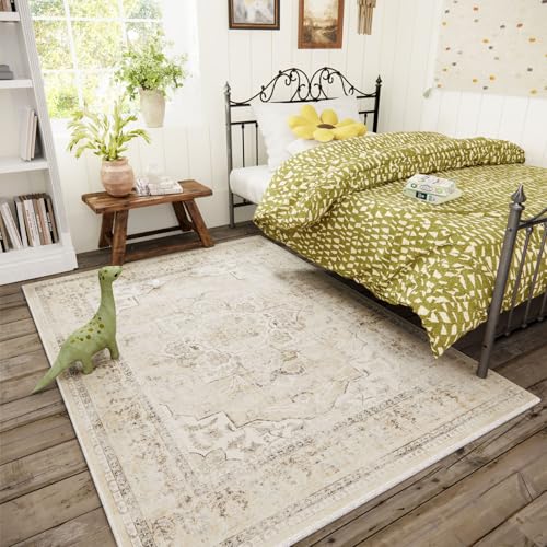 3x5 Washable Area Rugs for Bedroom: Entry Throw Rug Stain Resistant Distressed Boho Rug Non Slip Low Pile Small Carpet for Bedroom Kitchen Entryway Living Room Bedside Office Dorm Entrance