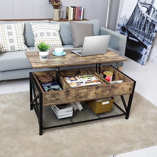 Lift Top Coffee Table With Storage, Lift Up Tables Wood Coffee Table Pull Up Top Rustic Pull Out Coffee Desk Lifting Top Pop-Up Storage Rising Tabletop Dining Table For Living Room Home #TOP3