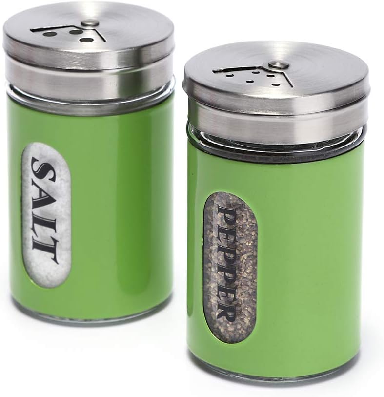 Salt and Pepper Shakers Stainless Steel and Glass Set with Adjustable Pour Holes (Green)