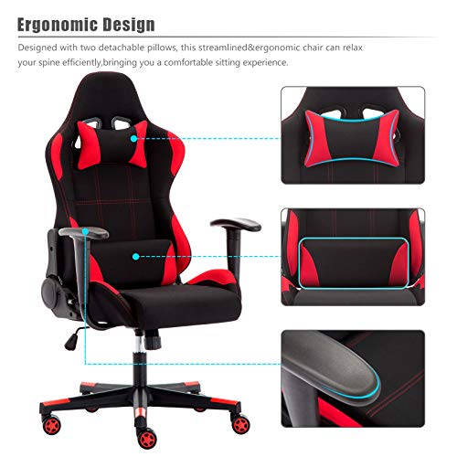 Sedia Gaming di Tessuto, Poltrona Ufficio Ergonomica Stoffa con Supporto Lombare, Reclinabile Poltrona Gamer Sedile Regolabile Alta, ?Rosso - Sedia gaming - Immagine 3