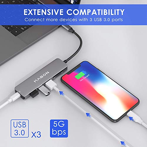 USB C Hub Adapter for MacBook Pro 2019/2018/2017, 6 in 1 Dongle USB-C to SD+MicroSD Card Reader and 3-Ports USB 3.0 with USB-C Power Pass-Through Port - Thumbnail 3