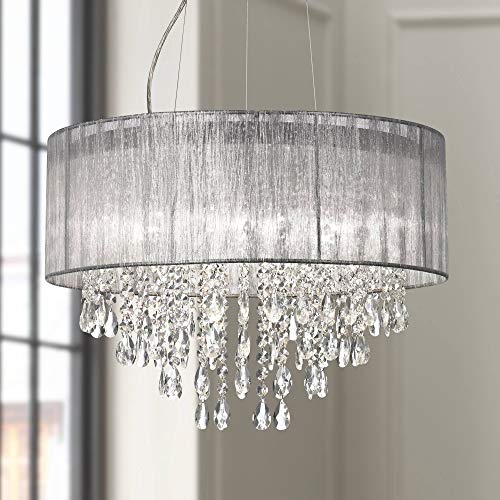 🛒 Flash Sale Jolie Chrome Drum Chandelier Light Fixture 20" Wide Modern Contemporary Crystal Silver Fabric Shade for Dining Room House Entryway Kitchen Bedroom Living Room High Ceilings - Possini Euro Design