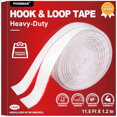 PHIXBEAR Industrial Strength Hook and Loop Tape Heavy Duty Waterproof, Outdoor Mounting Tape Fasteners with Strong Adhesive, Holds 20 Lbs, Perfect for Home Office Classroom, 11.5 Ft X 1.2 in White