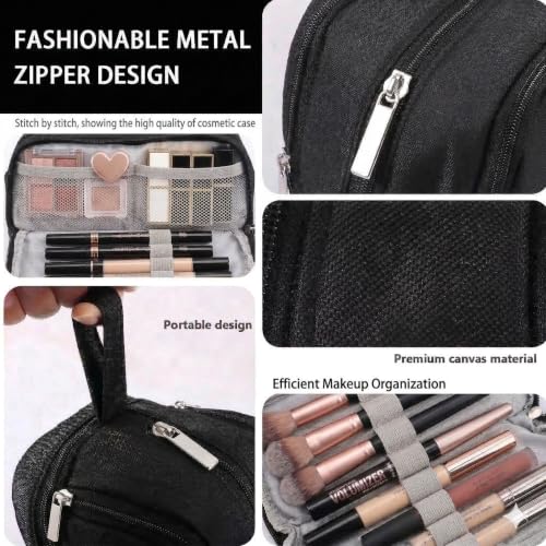 Image of Multi-Compartment Travel Makeup Organizer Bag for Women, Large Capacity Cosmetic Pouch with Multiple Zipper Compartments, Makeup Brush Holder & Mesh Pocket, Portable Toiletry Storage Bag - Black