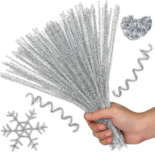 Image of Pipe Cleaners Craft, Pipe Cleaners Chenille Stem Fuzzy Sticks Craft Supplies for flowers making, Home DIY (Silver Sparkle, 100pc)