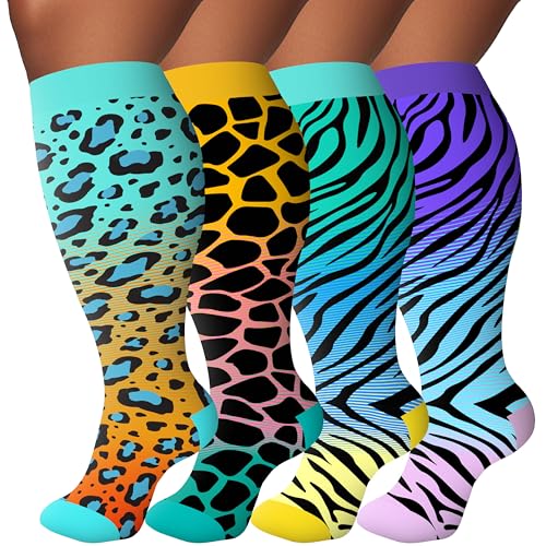 Image of Plus Size Compression Socks for Women & Men 4 Pairs, Wide Calf Extra Large 20-30 mmHg Knee High Support Socks for Travel, Running, Nurse