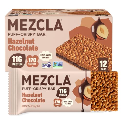 Mezcla Puff-Crispy Plant Based Protein Bars - Hazelnut Chocolate - Healthy Snacks for Adults & Hazelnut Spread Fans - School & Office Snacks - Gluten Free Vegan Non GMO 10g Protein - 12 Count