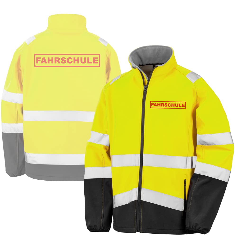 FAHRSCHULE Sicherheitsjacke GELB aus Softshell - Gelb Warnjacke nach EN ISO 20471 zertifiziert - Unisex und hochwertigem Reflektorstreifen