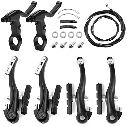 Glarks 8 Pcs Bike Brake Set - 2 Pairs Black V Type Brakes, 1 Pair Handlebar Levers, 2 Front and Rear Cables for Mountain and Road Bikes