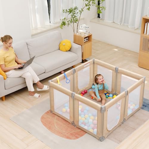 Image of Dripex Small Foldable Baby Playpen, 49 inchx47 inch Small Space Play Yard for Travel - Portable Collapsible Play Pen for Babies, Indoor Outdoor Baby Fence, Beige