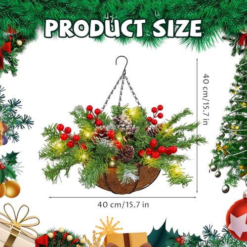 Panier suspendu Noël extérieur lumineux avec pommes de pin et baies artificielles - 5