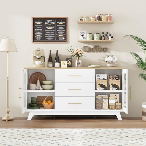 Image of Buffet Cabinet with Storage, 56 inch Sideboard Cabinet with Adjustable Shelves & Fluted Glass Doors - Contemporary Coffee Bar Cabinet for Kitchen & Dining Room,Woodgrain