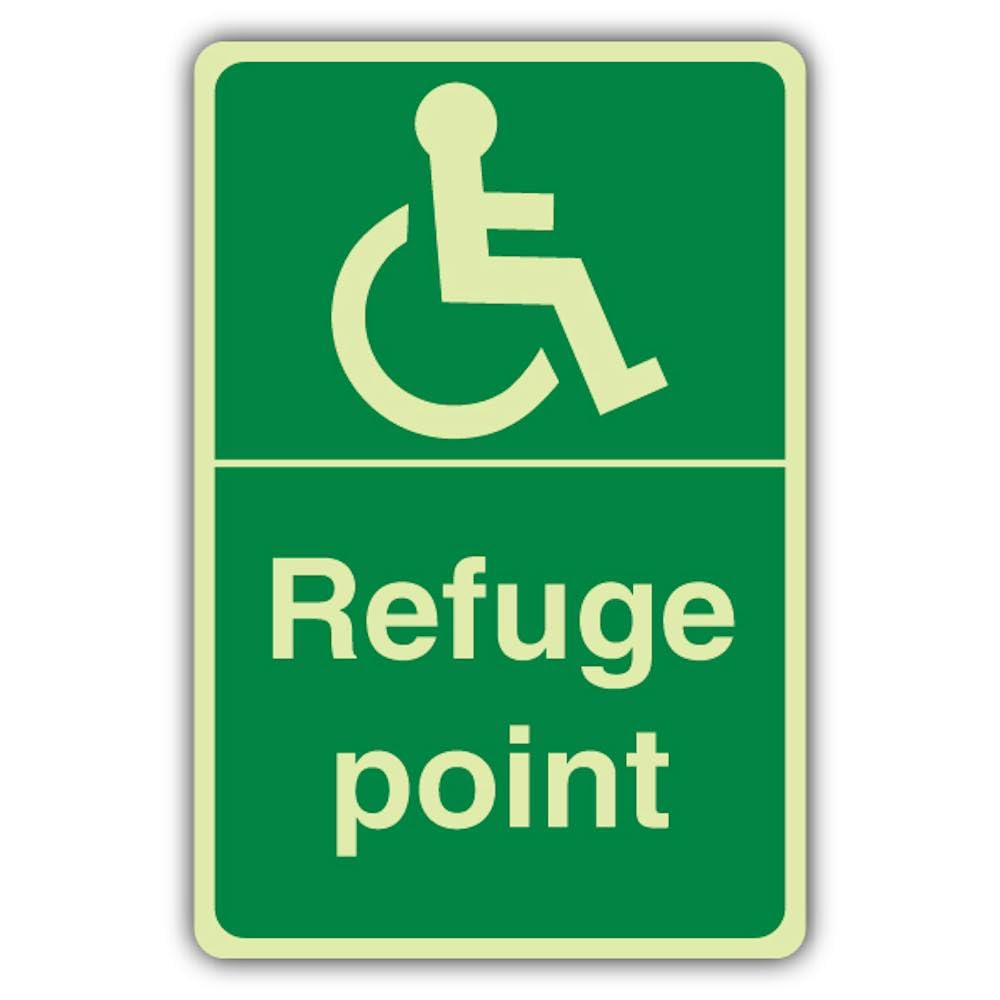 V Safety Photoluminescent Refuge Point Safety Sign - 400 x 600 mm - 3mm Aluminium Composite - Standard Glow
