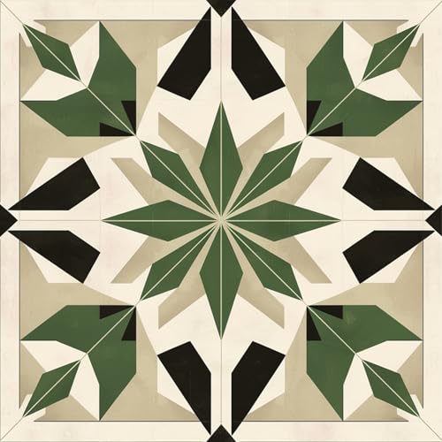 Image of Nuxovilar Peel and Stick Vinyl Floor Tiles, 12x12 Inch | Retro Dark Green Starburst Geometric Pattern, Self-Adhesive Flooring (10 Pcs)