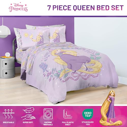 Image of Disney Princess Rapunzel Queen Comforter Set 7 Piece Kids Bedding, Purple | Bed in a Bag, Comforter Sheets Shams Pillowcases, Official Brand, Soft Microfiber, Machine Washable, Girls Gift