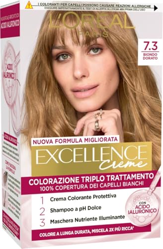 L'Oréal Paris Coloring Triple Treatment Excellence, Com Ácido Hialurônico, Cobertura 100% Branca, Para Cabelos Mais Hidratados, Loiro Dourado (7,3)