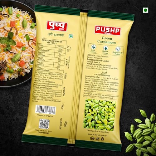 Image of Pushp Green Cardamom Whole Elaichi 500 g | 8-9 mm Size | Pack of 1 | Sabut Hari Elaichi | Rich Aroma & Natural Freshness | Source from kerala |