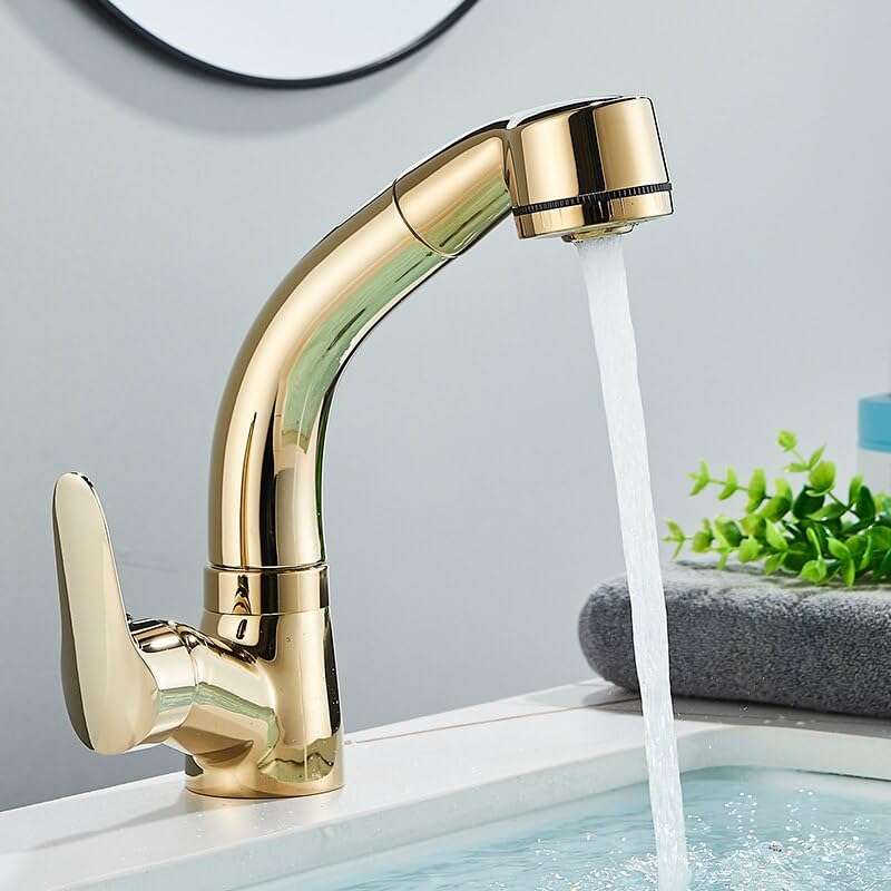 Robinet de lavabo doré à 2 modes de jet avec mitigeur eau chaude et froide en laiton