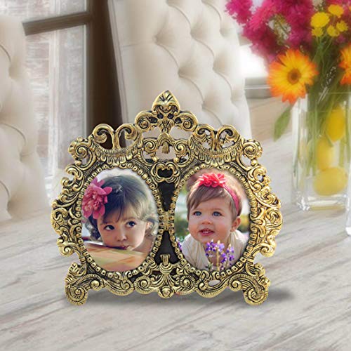 Image of Handicrafts Paradise Double Photo Frame Antique Gold Finish Twin Oval Picture Frame with Vintage Baroque Scrollwork Design for Home Decor & Gifts - 8.5 Inch
