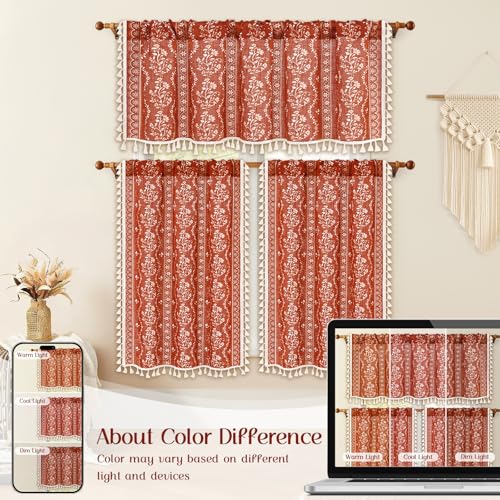 Image of Yinhua 2 Pack Boho Valance Curtains Vintage Linen Kitchen Valances for Windows Light Filtering Valance Rod Pocket Farmhouse Rustic Tassel Window Valances for Bathroom Cafe, 52 inch W X 18 inch L, Terracotta