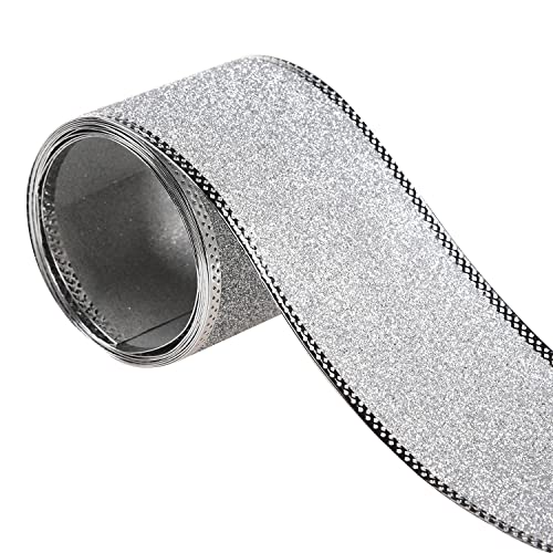 Geviro Rollo de cinta brillante de 5 yardas de plata de 2.5 pulgadas de ancho, borde con cable, brillante, tela brillante, corona floral, regalo de manualidades (plata)
