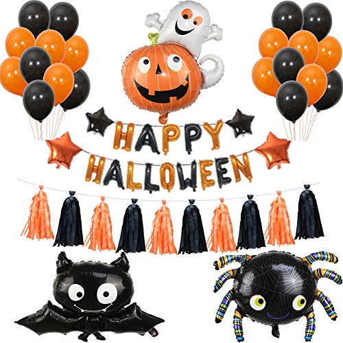Decoración de fiesta de Halloween Set Happy Halloween Balloons Banner, Spider, Bat, Pumpkin Ghost Foil balloon Black Orange Tassel Globo de látex para Halloween Bar Suministros de decoración del hogar
