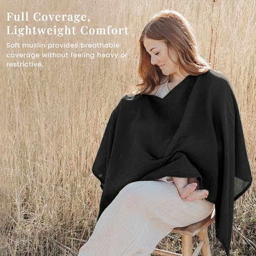 Konssy Muslin Nursing Cover for Breastfeeding, 360° Full Privacy Breathable 100% Cotton Breastfeeding Cover, Multi-use Carseat Canopy(Black) by Konssy - Image 4