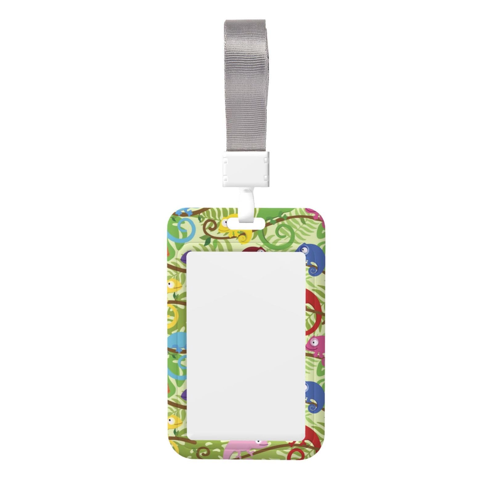Green Lizard Chameleon Pattern Card Badge Holder for Office School Factory and Passes,Lanyard for Id Badge Card,Metal Clip,Sturdy Buckle,Card Sleeve
