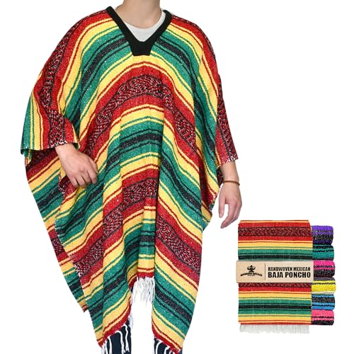 Artisans Bazaar Mexican Poncho for Men & Women Authentic Serape Blanket Warm Cotton Fabric Western Cowboy Style Jorongo Gaban Baja Hoodie Lightweight Outdoor Hiking Festival Poncho Rasta