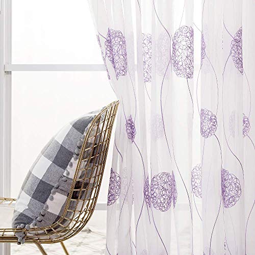 MIULEE Embroidery Sheer Curtains Flora Design Grommet Window Curtain Semi Voile Drapes Panels with Eyelets Window Treatments for Living Room Bedroom 2 Panels 55" W x 96" L Purple - Image 3