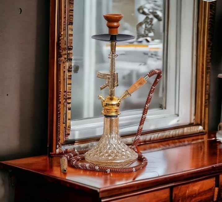 SS Red Golden Gun Hookah Set | Hukkka Accessories like Chillum Glass Hukkah Pot | Party Wedding Gathering Social Event Friend Daily Use Household Livingroom Guestroom Bedroom Home Office Room Use (Multicolor_19 In)